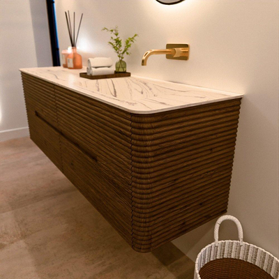 Mondiaz CIRO-DLUX Badkamermeubelset - 150x45x50cm - Solid surface wastafel Nata - 1 wasbak Rechts - zonder kraangaten - 4 lades - Dusk