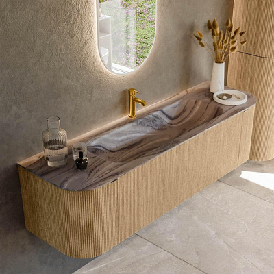 MONDIAZ KURVE-DLUX Meuble de salle de bains 160cm arrondi Gauche + Droite couleur Chêne avec 1 tiroir et 2 portes. Lavabo BIG MEDIUM Central 1 trou de robinet Sombra.
