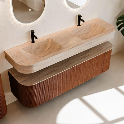 MONDIAZ THOR-DLUX 160cm meuble de salle de bains arrondi gauche + droite couleur Ruby avec 1 tiroir et 2 portes. Vasque suspendue CLOUD Double 2 trous de robinet couleur Saba.