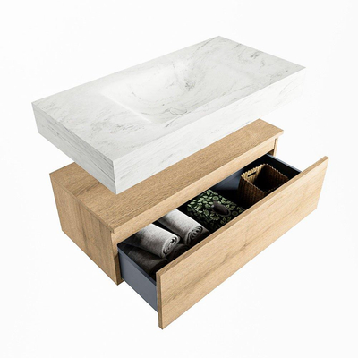 Mondiaz ALAN-DLUX Ensemble de meuble - 90cm - meuble Washed Oak mat - 1 tiroir - Lavabo Cloud Opalo suspendu - vasque Centre - 1 trou de robinet