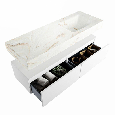 Mondiaz ALAN-DLUX Ensemble de meuble - 130cm - meuble Talc mat - 2 tiroirs - Lavabo Cloud Frappe suspendu - vasque Droite - 0 trous de robinet