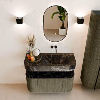 MONDIAZ THOR-DLUX 100cm meuble de salle de bains arrondi gauche + droite couleur Shadow avec 1 tiroir et 2 portes. Vasque suspendue CLOUD Droite sans trou de robinet couleur Lava.