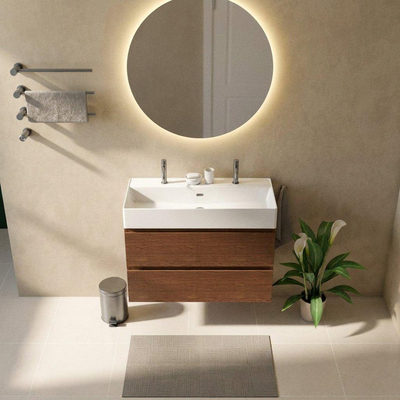 Saniclass Holz Pure Ensemble de meubles de salle de bains - 100x45x72cm - Legend lavabo en céramique blanc - 1 vasque - 2 trous de robinetterie - 2 tiroirs - walnut pure mat (bois)