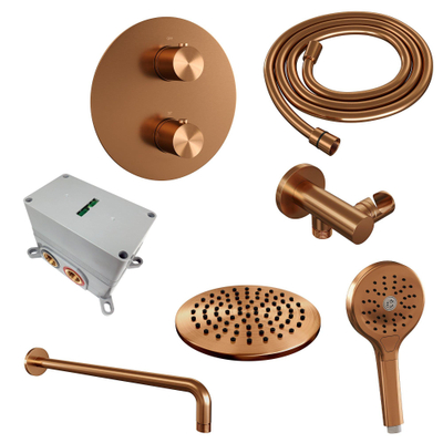 BRAUER Copper Edition thermostatische Inbouw Regendouche - 3-weg - rond - set 81 - 20cm hoofddouche - gebogen muurarm - 3-standen handdouche - doucheslang - wandaansluitbocht - koper geborsteld PVD