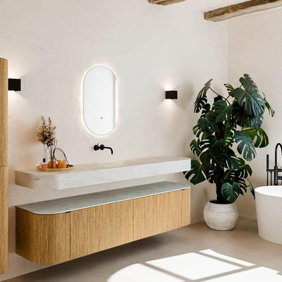 MONDIAZ THOR-DLUX Meuble de salle de bains - 190cm - arrondi gauche + droite - couleur Oak - 2 tiroirs et 2 portes - Vasque suspendue CLOUD Milieu sans trou de robinet - couleur Opalo