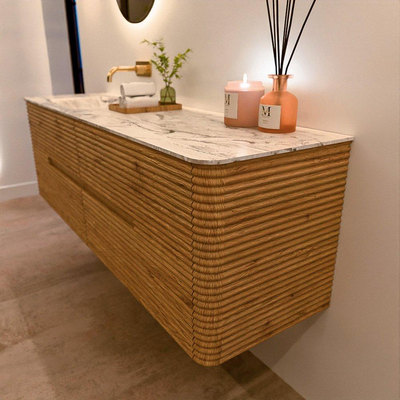 Mondiaz CIRO-DLUX Badkamermeubelset - 160x45x50cm - Solid surface wastafel Glace - 1 wasbak Links - zonder kraangaten - 4 lades - Oak