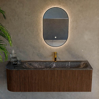 MONDIAZ KURVE-DLUX Meuble de salle de bains 145cm avec module 25 L couleur Walnut avec 1 tiroir et 1 porte. Lavabo BIG LARGE à droite 1 trou de robinet couleur Lava.