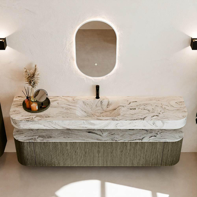 MONDIAZ THOR-DLUX 200cm meuble de salle de bains arrondi gauche + droite couleur Shadow avec 2 tiroirs et 2 portes. Vasque suspendue CLOUD Milieu 1 trou de robinet couleur Glace.