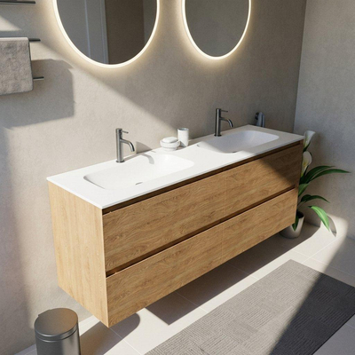 Saniclass Holz Pure Ensemble de meubles de salle de bains - 160x45x61.5cm - Vasque Flow en solid surface blanc - 2 vasques - 2 trous de robinet - 4 tiroirs - chêne natural mat (bois)