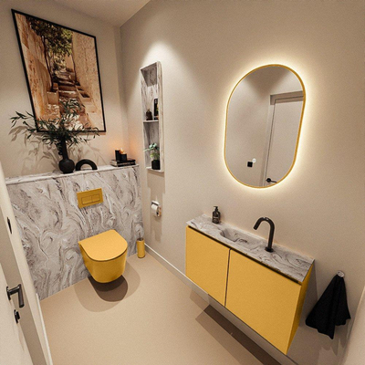 MONDIAZ TURE-DLUX Meuble toilette - 80cm - Ocher - EDEN - vasque Glace - position centrale - 1 trou de robinet