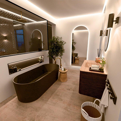 Mondiaz CIRO-DLUX Meuble de salle de bains - 100x45x50cm - Plan vasque Solid surface Saba - 1 bassin au milieu - sans trous de robinet - 2 tiroirs - Noyer