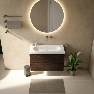 Saniclass Holz Pure Ensemble meuble de salle de bains - 100x45x63.5cm - lavabo Palermo en céramique blanc - 1 vasque - sans trou de robinetterie - 2 tiroirs - chêne charcoal mat (bois)