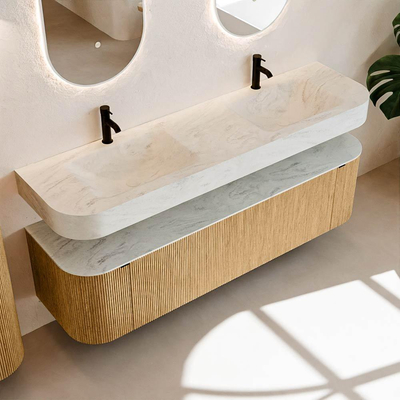 MONDIAZ THOR-DLUX 170cm meuble de salle de bains arrondi gauche + droite couleur Oak avec 1 tiroir et 2 portes. Vasque suspendue CLOUD Double 2 trous de robinet couleur Opalo.