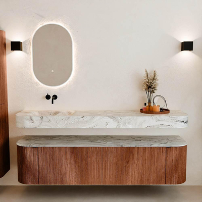 MONDIAZ THOR-DLUX 180cm meuble de salle de bains arrondi gauche + droite couleur Ruby avec 2 tiroirs et 2 portes. Vasque suspendue CLOUD Gauche sans trou de robinet couleur Glace.