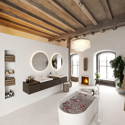 MONDIAZ BUKLA Meuble de salle de bains 200cm avec module 40 droite couleur Dark Brown avec 4 tiroirs. Lavabo CLOUD double 2 trous de robinet couleur Talc.