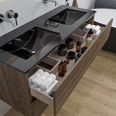Adema Chaci Ensemble de meuble - 120x46x57cm - 2 vasques en céramique noire - sans trous de robinet - 2 tiroirs - armoire de toilette - noix
