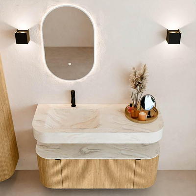 MONDIAZ THOR-DLUX 120cm badmeubel ronding links + rechts kleur Oak met 1 lade en 2 deuren. Vrijhangende wastafel CLOUD Links 1 kraangat kleur Ostra.