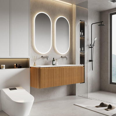 Royal Plaza Terra Edge Ensemble meuble de salle de bains - 140x45.5x46cm - vasque en céramique blanc brillant - 2 vasques - sans trous de robinet - 2 tiroirs - sandwood (chêne clair)