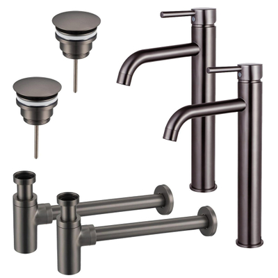 FugaFlow Eccelente Sobrado Badkamer Wastafelkraanset - voor dubbele wastafel - verhoogde wastafelkraan - always open plug - design sifon - PVD Gepolijst Gunmetal