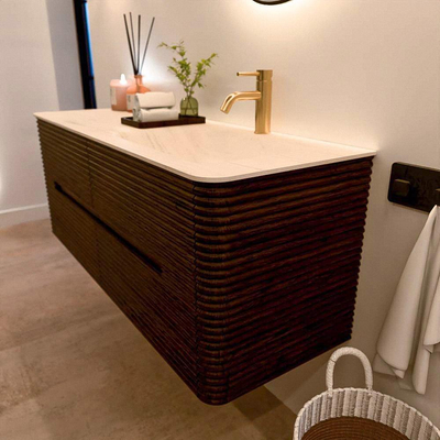 Mondiaz CIRO-DLUX Badkamermeubelset - 130x45x50cm - Solid surface wastafel Meli - 1 wasbak Rechts - 1 kraangat - 4 lades - Walnut