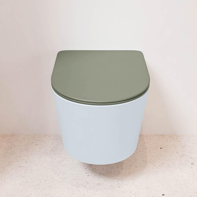 Mondiaz LAVIE hangtoilet – spoelrandloos – 36 x 53 cm – met softclose zitting – Clay (lichtblauw/grijs), zitting Army (groen)