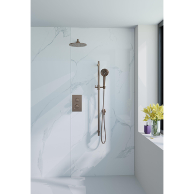 Fortifura Calvi Ensemble de douche pluie encastrable - thermostatique - bras mural - pommeau 25cm - barre curseur - douchette ronde - flexible lisse - Laiton brossé (doré)