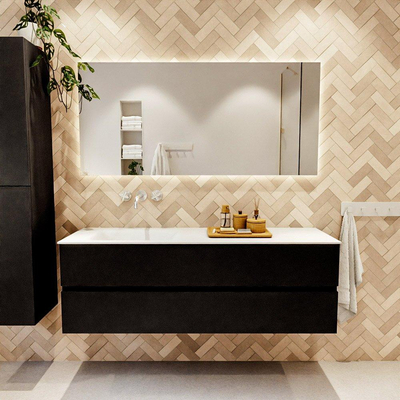 MONDIAZ VICA meuble sous lavabo 150cm Urban 2 tiroirs. Lavabo CLOUD gauche sans trou de robinet, couleur Talc.