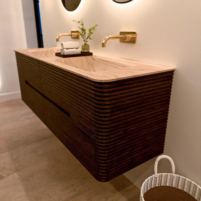 Mondiaz CIRO-DLUX Badkamermeubelset - 150x45x50cm - Solid surface wastafel Arena - 2 wasbak Dubbel - zonder kraangaten - 4 lades - Walnut