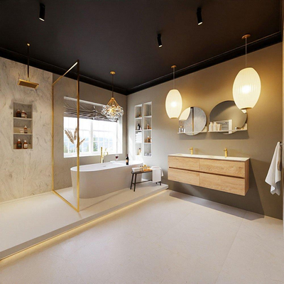 MONDIAZ VICA-DLUX Ensemble meuble de salle de bains - 130cm - meuble bas Washed oak - 4 tiroirs - vasque encastrée cloud double - 2 trous de robinet - version haute 60cm - opalo