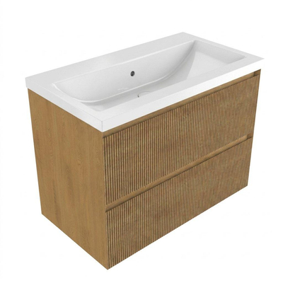 Saniclass Holz Atelier Ensemble meuble de salle de bains - 80x45x63.5cm - Bari lavabo en céramique blanc - 1 vasque - sans trou de robinet - 2 tiroirs - chêne naturel mat (bois)