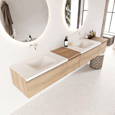 Mondiaz BUKLA badkamermeubelset 240x45x34cm 0 kraangaten 2 wasbakken solid surface Talc greeploos 4 lades met softclose Melamine Washed Oak