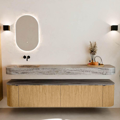 MONDIAZ THOR-DLUX 200cm meuble de salle de bains arrondi gauche + droite couleur Oak avec 2 tiroirs et 2 portes. Vasque suspendue CLOUD gauche sans trou de robinet couleur Oza.