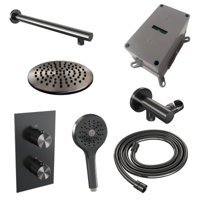 BRAUER Gunmetal Carving inbouw regendoucheset – Ø20 cm hoofddouche – 40 cm rechte wandarm – ronde handdouche – met omstel