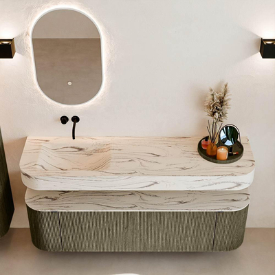 MONDIAZ THOR-DLUX 160cm meuble de salle de bains arrondi gauche + droite couleur Shadow avec 1 tiroir et 2 portes. Vasque suspendue CLOUD Gauche sans trou de robinet couleur Nata.