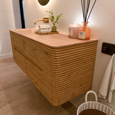 Mondiaz CIRO-DLUX Badkamermeubelset - 130x45x50cm - Solid surface wastafel Saba - 1 wasbak Links - zonder kraangaten - 4 lades - Oak