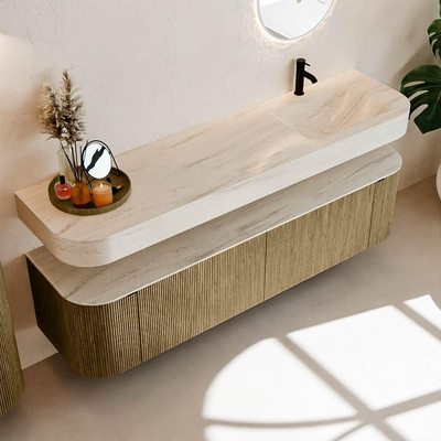 MONDIAZ THOR-DLUX 180cm meuble de salle de bains arrondi gauche + droite couleur Dusk avec 2 tiroirs et 2 portes. Vasque suspendue CLOUD Droite 1 trou de robinet couleur Meli.