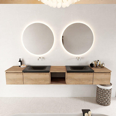 MONDIAZ BUKLA 240cm ensemble de meuble avec module ouvert 40 au milieu couleur Chêne Blanchi avec 4 tiroirs. Lavabo CLOUD double 0 trou de robinet couleur Urbaine.