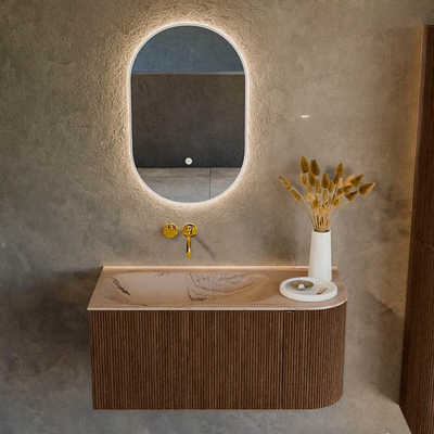MONDIAZ KURVE-DLUX Meuble de salle de bains 95cm arrondi Droite couleur Walnut avec 1 tiroir et 1 porte. Lavabo BIG SMALL Gauche sans trou de robinet Arena.