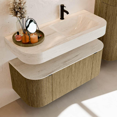 MONDIAZ THOR-DLUX Meuble de salle de bains 110cm arrondi gauche + droite couleur Dusk avec 1 tiroir et 2 portes. Vasque suspendue CLOUD Droite 1 trou de robinet couleur Meli.