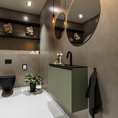 MONDIAZ TURE Fonteinset - 80x23x50cm - 1 kraangat - 2 deuren - army mat - Wasbak midden - Solid Surface Zwart