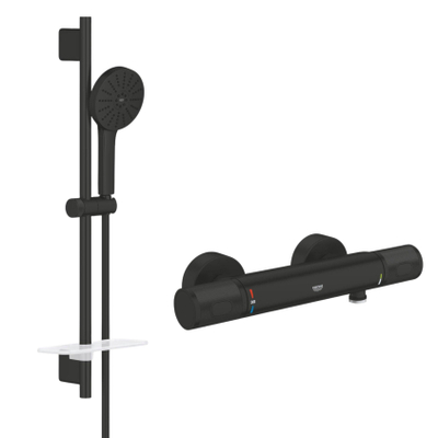 Grohe Precision Feel Doucheset - thermostatische douchekraan - 31.3cm - Vitalio Joy glijstangset - 60cm - ronde handdouche - 3 straalsoorten - matte black (mat zwart)