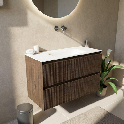Saniclass Holz Atelier Ensemble meuble de salle de bains - 100x45x61.5cm - lavabo Flow en solid surface blanc - 1 vasque - sans trou de robinet - 2 tiroirs - chêne charcoal mat (bois)