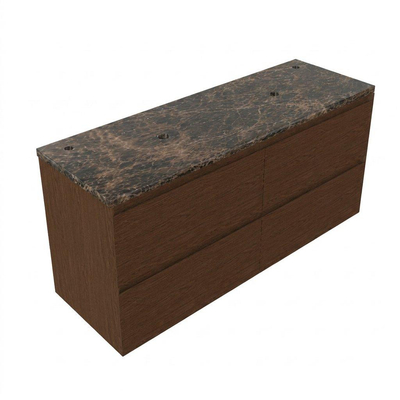 Saniclass Holz Pure Ensemble de meubles de salle de bains - 140x45x63cm - Plan de travail en pierre naturelle Noche dark emperador - 2 trous de robinet - 4 tiroirs - walnut pure mat (bois)