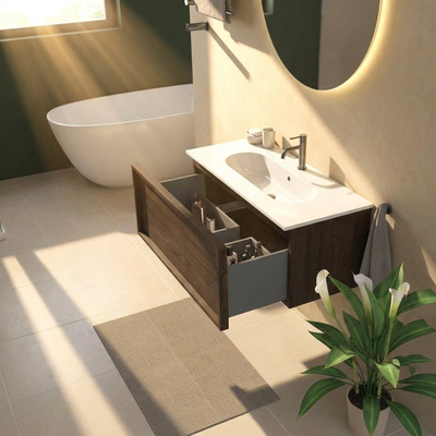 Saniclass Holz Frame Ensemble meuble de salle de bains - 100x45x53.9cm - Vasque en céramique Chaci blanche - 1 vasque - 1 trou de robinet - 1 tiroir - chêne charcoal mat (bois)