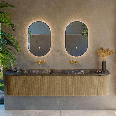 Mondiaz KURVE-DLUX Badkamermeubelset - 200x46x40cm - 2 lade - 2 deuren - wastafel solid surface - dubbel - zonder kraangat - Dusk