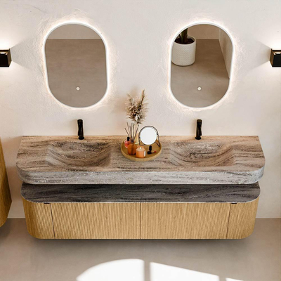 MONDIAZ THOR-DLUX 190cm badmeubel ronding links + rechts kleur Oak met 2 lades en 2 deuren. Vrijhangende wastafel CLOUD Dubbel 2 kraangaten kleur Oza.