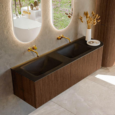 MONDIAZ KURVE Meuble de salle de bains 155 cm avec module 25 R couleur Walnut avec 2 tiroirs et 1 porte. Lavabo CLOUD double / gauche sans trou de robinet Urban.