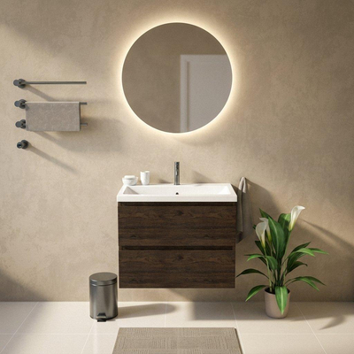 Saniclass Holz Pure Ensemble de meubles de salle de bains - 80x45x63.5cm - Lavabo en céramique Bari blanc - 1 vasque - 1 trou de robinetterie - 2 tiroirs - chêne charcoal mat (bois)