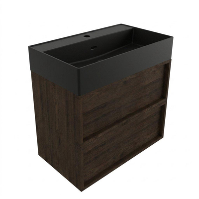 Saniclass Holz Frame Ensemble de meubles de salle de bains - 80x45x72cm - vasque Legend en céramique noir mat - 1 vasque - sans trou de robinet - 2 tiroirs - chêne charcoal mat (bois)