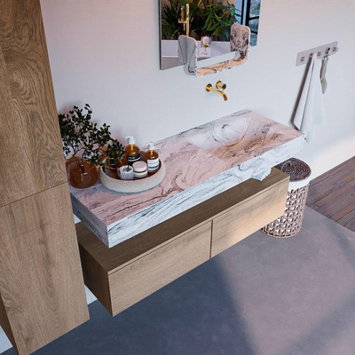 MONDIAZ ALAN - DLUX Ensemble de meuble de salle de bains - 130cm - meuble bas - chêne blanchi - 2 tiroirs - lavabo suspendu - vasque à droite - 0 trous de robinet - Glace